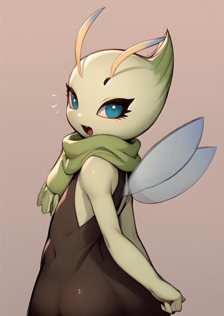 1girl, <lora:Celebi-10:0.90>, Celebi, wings, fairy wings, pokemon \(creature\), green skin, 
saddle brown dress, scarf 
flat chest 
upper teeth 
from behind