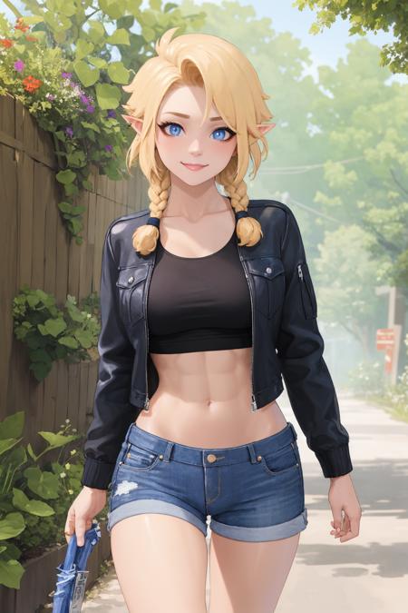 (masterpiece, best quality), outdoors, summer, forest, cowboy shot, 1girl, solo, SassyRonin, pointy ears, bright blue eyes, medium breasts, blonde hair, twin braids, <lora:SassyRonindude_V1-Manityro-Dadapt:1.0>, toned, abs, happy, smile, jacket, cropped jacket, crop top, denim shorts, collarbone, walking