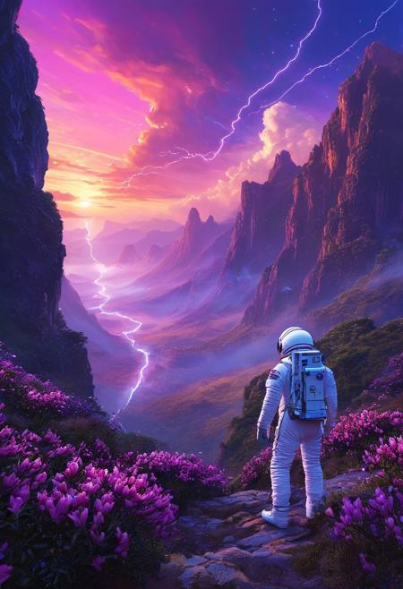 DB4RZ style painting, passengers gazing in awe, vast sky with swirling galaxies, cosmic colors (purples, blues, pinks), dramatic lighting, mystical atmosphere　Iridescence-suffused magnolia blossoms, dynamically rendered, impasto technique. Cerulean backdrop. Emphasize coruscating petals, luminous black, lavenders. Dynamic three-quarter shot. Focus: interplay of light and texture. Granular details: visible brushstrokes, subtle color gradations within petals. Intensify luminosity, add depth to background with diaphanous clouds. No discernable camera details beyond perspective.A cinematic shot of an astronaut in a vibrant white spacesuit standing in the foreground, with a massive, intricate space station or spacecraft as the backdrop. The space station is adorned with numerous lights, windows, and technical details. The astronaut's suit is equipped with various gadgets and patches. The scene is captured at an upward angle, emphasizing the towering height of the staircase and the dynamic motion of the character. In the background, a breathtaking view unfolds: a sprawling valley shrouded in mist, with distant ruins and cascading waterfalls glowing in the soft light of a crimson sunset. Overhead, dark storm clouds roll in, adding drama to the scene, while faint bolts of lightning flicker in the distance, illuminating the explorer's silhouette.
