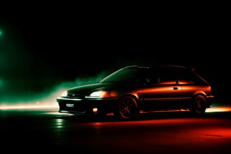 matte black CIVIC6 in dimly lit warehouse, neon lights, foggy warehouse at night, bokeh, depth of field, volumetric light, gobo light, 1 car, analog, portra 800 film, <lora:CIVIC6:0.8>