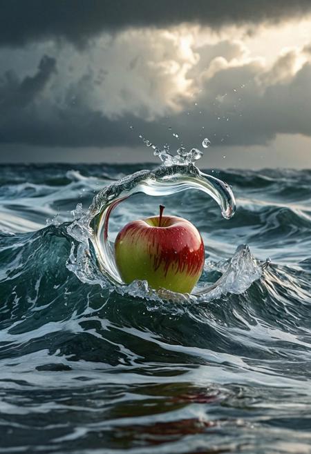 Stable_Yogis_PDXL_Positives
 Imagine a photograph capturing an extraordinary and surreal subject: a transparent apple, crystal clear and perfectly formed, revealing a highly detailed, tumultuous miniature sea raging within. The apple sits boldly in the center of the frame, its smooth, glass-like surface reflecting light and offering a window into the dynamic scene inside. Within, the stormy sea is a marvel of miniaturization - tiny waves crest and crash with realistic ferocity, and if one looks closely, minute flashes of lightning and swirls of wind can be discerned, adding to the tempest's drama. The background of the photo is intentionally simple, perhaps a soft, neutral color or a subtle gradient, ensuring that all attention is drawn to the striking contrast between the serene exterior of the apple and the wild, chaotic seascape it contains. The lighting is key, illuminating the apple in a way that highlights the intricate details of the storm inside while maintaining the overall clarity and impact of the image.