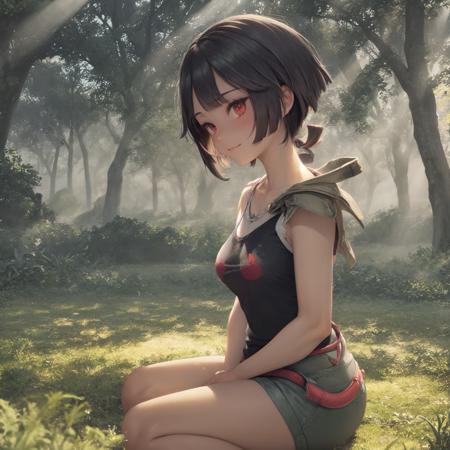 masterpiece, illustration, 8k, realistic shadows, volumetric lighting, cute, ambient lighting, colorful, cowboy shot, short hair, textured skin,  blush, beautiful  detailed shadows, hyperrealistic,  ultra realistic
zinnia, 1girl, solo, blush, light smile, dark skin, red eyes, yohan
black shirt,  forest, beautiful detailed background, towering trees, sunlight, leaves, flowers, trail,  rays of sunlight, overgrown forest, shorts,  thighs, sitting on the ground, meditating'