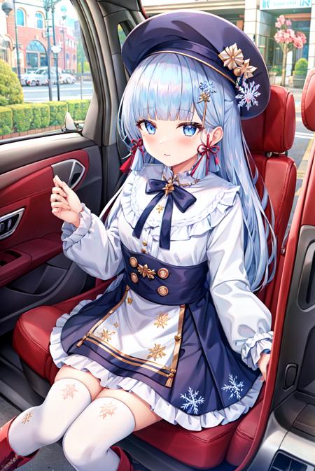 torino aqua, 1girl, bangs, blue eyes, blue hair, blunt bangs, blunt tresses, blush, boots, bow, car, dress, floral print, flower, frills, genshin impact, ground vehicle, hair ornament, hair ribbon, hat, highres, holding, kamisato ayaka, long hair, long sleeves, mole, mole under eye, motor vehicle, neck tassel, ribbon, sidelocks, sitting, snowflake print, solo, thighhighs, tress ribbon,
 <lora:torino_aqua-000035:0.6>