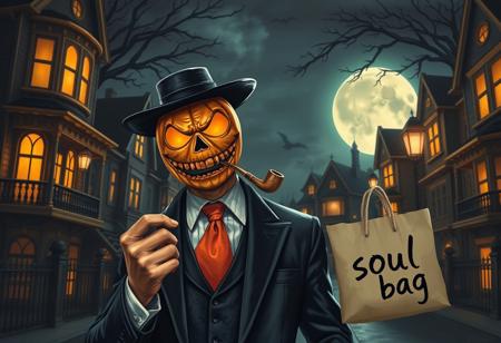 realistic, Halloween time, dark streets, beautiful houses, night, big moon,  jackolantern malicious, false smile, elegant suit, orange tie, smoking a pipe, expressive, a paper bag with the text "soul bag" handwrite, street lights, shadows,