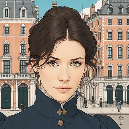 Studio ghibli style illustration of the face of a woman looking at the viewer with a victorian city square in the background,  evxlilly,   <lora:evlilly_juggerX_xl_1_wocap_merger_57_99_144_03_015_055_04_107_06-evxlilly:1>