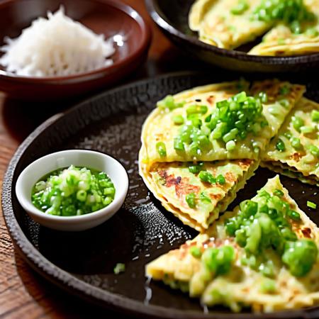 masterpiece,hight quality,For a realistic style depiction of a scallion pancake, the prompt could be: 'A close-up view of a freshly cooked scallion pancake, also known as a green onion pancake. The image captures the golden-brown, crispy texture of the pancake, with visible layers and flecks of green scallions scattered throughout. Steam is gently rising from its hot surface, indicating its freshness. The background is a simple kitchen setting, with a focus on the pancake's detailed texture and vibrant colors, emphasizing its delicious and savory appearance,<lora:oldfan50:0.75>