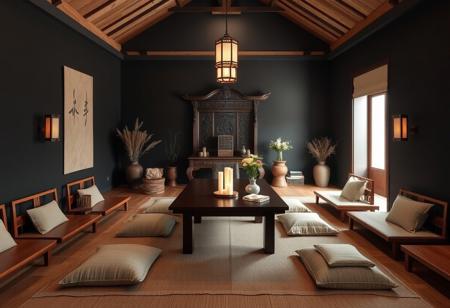 "A serene ritual room designed in the Modern Wabi Sabi + Tropical style, dedicated to ancestor worship. The walls are painted austere black, providing a calming backdrop that enhances the room's spiritual essence. At the center, a handcrafted deep brown altar with intricate carvings serves as the focal point for offerings and ancestral tablets.
Behind the altar, a traditional dark wood dining table seats 8-12, facilitating family gatherings during ceremonies. features traditional wooden benches and floor cushions in soft beige.
Natural elements abound, with warm wood textures throughout the space, including low wooden benches and soft beige floor cushions that encourage communal participation. Handwoven textiles in muted earth tones add depth and warmth to the seating arrangements.
Delicate incense burners and white candles on the altar emit a soft glow, inviting contemplation and connection with ancestors. Fresh flowers in earthy hues and vibrant greens are arranged in simple ceramic vases, embodying Wabi Sabi’s appreciation for natural beauty.
A subtle woven rug enhances the room’s texture, while ambient lighting from lanterns casts gentle shadows, creating a tranquil atmosphere. The room seamlessly blends Wabi Sabi’s embrace of natural imperfection with tropical vibrancy, making it a sacred and inviting space for honoring family traditions."