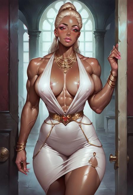 score_9, score_8_up, score_7_up, rating_explicit, (zPDXL), 1girl, skinny, wide hips, thighs, naughty face, dress, large breasts, breasts out, deep cleavage, bare shoulders, red eyes, perfect hands, upper body, dark skin, blonde hair, ponytail, hoop earrings, jewelry, pink nails, nail polish, pink lips, pink eyeshadow, long eyelashes, shiny skin, indoors, nipple slip, doorway ,ensure perfect human anatomy, wide torso, wide hips, muscular glutes, large glutes, muscular quads, prominent thigh muscles , glute muscles, goddess, thick thighs, wide hips, extremely vascular, realistic skin texture