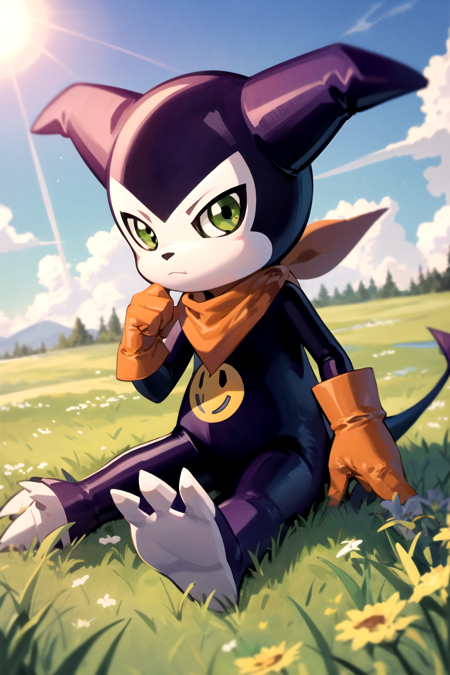 masterpiece, best quality, impmon, solo, digimon \(creature\), bandana, green eyes, gloves, closed mouth, looking at viewer, no humans, tail, meadow background, sun, cloud, blue sky  <lora:Impmon:1>