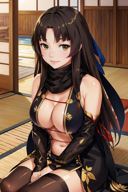 masterpiece, best quality,  <lora:enju-nvwls-v1-000008:0.9> saion-ji enju, black scarf, black dress, cleavage, bare shoulders, navel, detached sleeves, brown thighhighs, large breasts, japanese architecture, looking at viewer, smile, seiza, hand on own legs, upper body