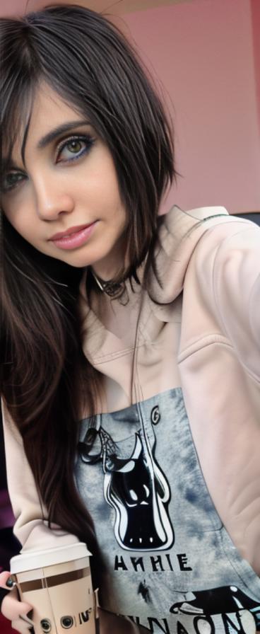 ( skinny :1.2), thin girl, with pastel sweatshirt, with black hair, <lora:EugeniaCooneyV4:1> emo style hair , black hair , drinking a coffee