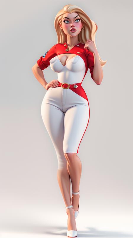 high detailed, masterpiece <lora:Bruc3T1mm:1> 1girl cartoon character in a red dress and high heel shoes, blonde hair, perfect hands, big breast, wide hips, thick thighs, ultra realistic digital art, a 3D render, photorealism, clean scene, white background, white wall, shinny floor, white floor