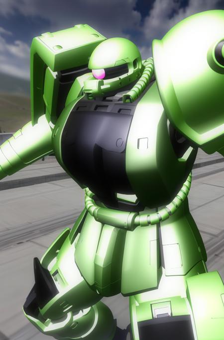 green robot,mecha, 
Standing on a road,(from-front:1.5), (upper_body),
Green_outfit,helmet,armor, shoulder armor, armored boots, military,a gun in his hand, 
<lora:MS_06F_Zaku_II-KK77-V1:0.7>,with a pink eyeball in the center of his head, 
NSFW,official art,extremely detailed CG unity 8k wallpaper, perfect lighting,Colorful, Bright_Front_face_Lighting,
 (masterpiece:1.0),(best_quality:1.0), ultra high res,4K,ultra-detailed, photography, 8K,
 HDR, highres, absurdres:1.2, Kodak portra 400, film grain, blurry background, bokeh:1.2, lens flare, (vibrant_color:1.2)