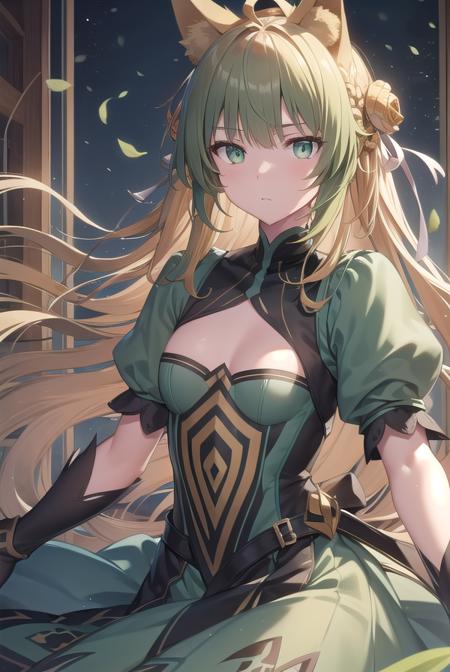 atalanta, <lyco:atalanta-lyco-nochekaiser:1>,
atalanta, animal ears, blonde hair, cat ears, cat girl, cat tail, (green eyes:1.5), green hair, hair between eyes, long hair, multicolored hair, tail, (small breast:1.2),
BREAK black gloves, gloves, skirt, dress, green dress, short sleeves, puffy sleeves, juliet sleeves, short skirt, green skirt,
BREAK looking at viewer,
BREAK outdoors,
BREAK <lyco:GoodHands-beta2:1>, (masterpiece:1.2), best quality, high resolution, unity 8k wallpaper, (illustration:0.8), (beautiful detailed eyes:1.6), extremely detailed face, perfect lighting, extremely detailed CG, (perfect hands, perfect anatomy),