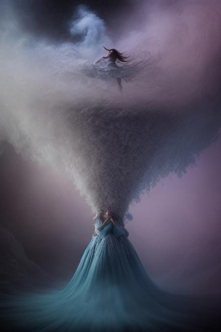 surreal, waltz of fractal smoke over the abyss, fantasy smoke, dresses and stars, dynamics, movement, wind, colorful, intricate details, perspective, hyper-detailed, hyper-realism, professional photoshoot