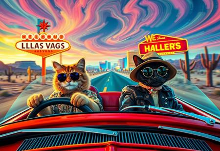 Two cats ride in a red convertible speeding down a desert highway toward a neon-lit Las Vegas skyline. The scene mirrors the iconic ‘Fear and Loathing in Las Vegas’ shot, but with feline travelers. The driver, a scruffy tabby in oversized aviator sunglasses and a Hawaiian shirt, grips the wheel with a wild expression. The passenger, a sleek black cat in a bucket hat and round tinted glasses, leans back with a smug grin, a cigarette dangling from its mouth.  Windshield visible with glowing luminescent bugs on it,
The environment is infused with psychedelic energy—distorted road signs melt into the horizon, the sky swirls with surreal colors, and cacti appear to sway and stretch. The desert landscape warps in a heatwave haze, while neon reflections shimmer in the car’s chrome details. The perspective is exaggerated and chaotic, capturing the frenetic, trippy atmosphere of the original scene in a humorous and feline twist.