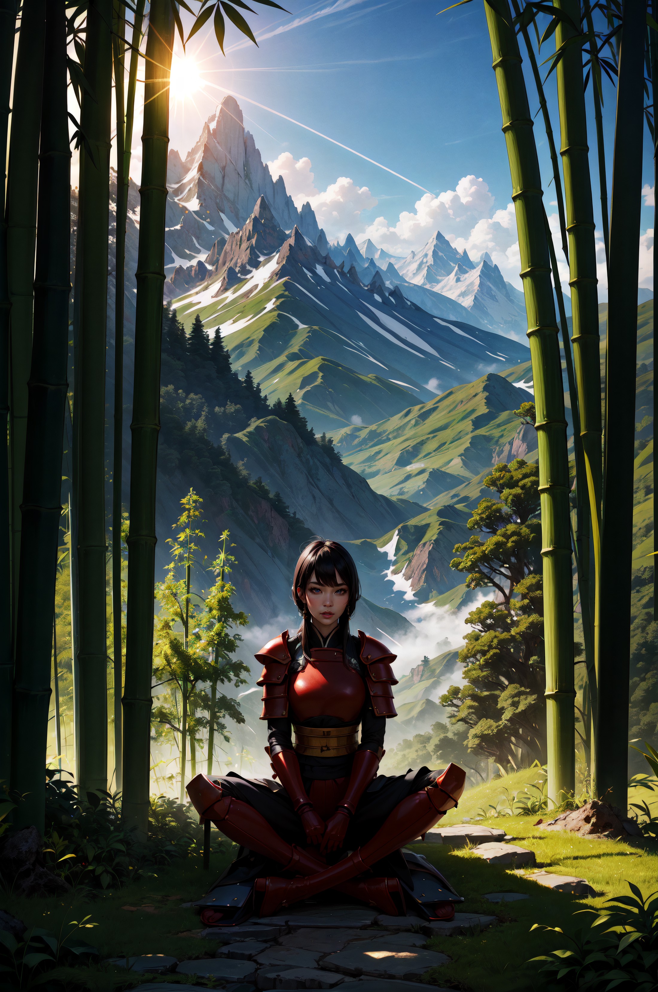 1girl, fullbody, sitting, slim, (bamboo trees), kabuto, red samurai armor, misty air, strong sunlight, mossy path, mountai...