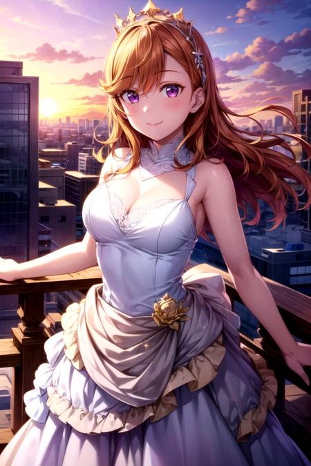 (masterpiece,  best quality,  ultra-detailed),  (illustration),  (beautiful detailed eyes),  ((very detailed face)),  (1girl),  (solo),  shibuya kanon,  purple eyes,  orange hair,  medium hair,  (medium breasts),  white dress,  princess dress),  crown,  crown tiara:1,  smile,  closed mouth,  parted lips,  city background,  clouds,  depth of field,  sunset,  afterglow,  standing,  (looking at viewer:1.4), <lora:EMS-1495-EMS:0.600000>, , <lora:EMS-49306-EMS:0.460000>