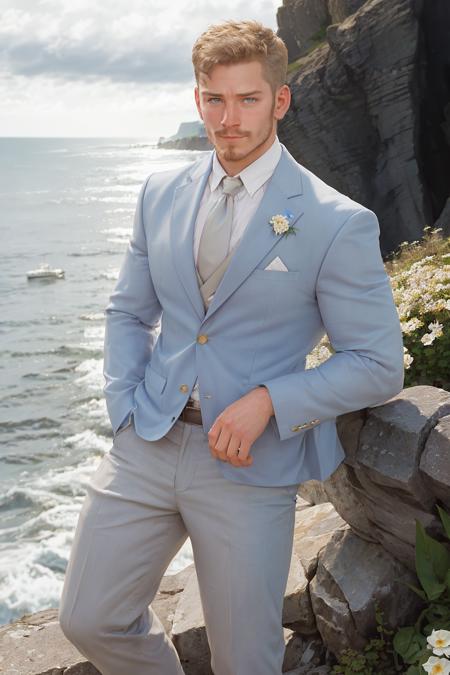 photo of nicholas_james <lora:nicholas_james-16:0.8> with facial hair dressed wearing a light blue Ralph Lauren suit and white button up, posing on a Scottish highland cliff, Scots Primrose lapel pin, ocean in the background, natural lighting, golden hour, cloudy, rugged background