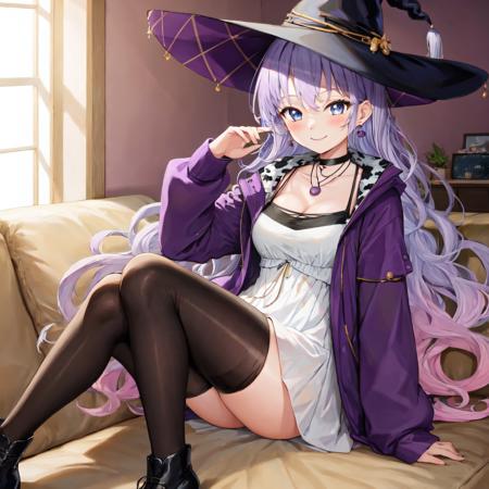 Shisui Michiru, long hair, 1girl, solo, very long hair, light purple hair, gradient hair, jewelry, witch hat, smile, blue eyes, purple jacket, cow print, sleeves past wrists, black pantyhose, bangs, necklace, white dress, earrings, black choker, torn clothes, multicolored hair, black footwear, ahoge, blush BREAK
full body, living room background
 <lora:Shisui_Michiru-03:0.5>