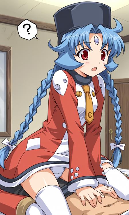 muchakarenina, blue hair, twin braids, red eyes, hat, dress, necktie, thighhighs, boots, forehead jewel