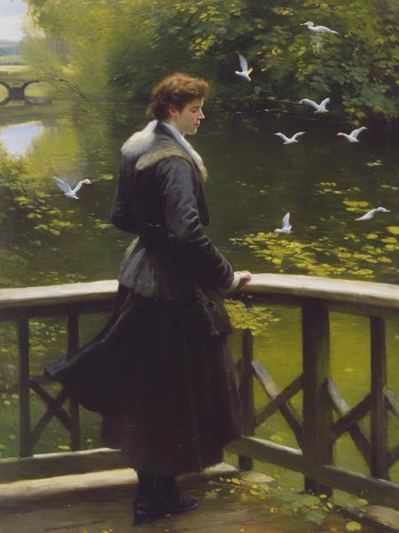 <lyco:KonstantinKorovin:1.0> a human on a bridge stops and listen he suddenly hear the birds and the wind calling him to the wild, by Henri Fantin-Latour, Daniel F. Gerhartz, jeremy lipking, oil on canvas, still life, figurative artist, fine art, oil painting on canvas, Canvas, Oil paint, puffy paint