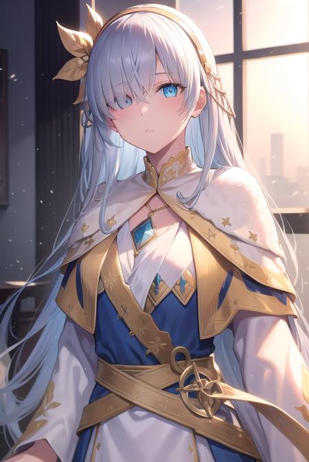 anastasia, blue eyes, grey hair, hair between eyes, (hair over one eye:1.5), long hair, bangs, blue cloak, brown hairband, cloak, dress, fur trim, hairband, royal robe, sash, tachi-e, white dress, wide sleeves,