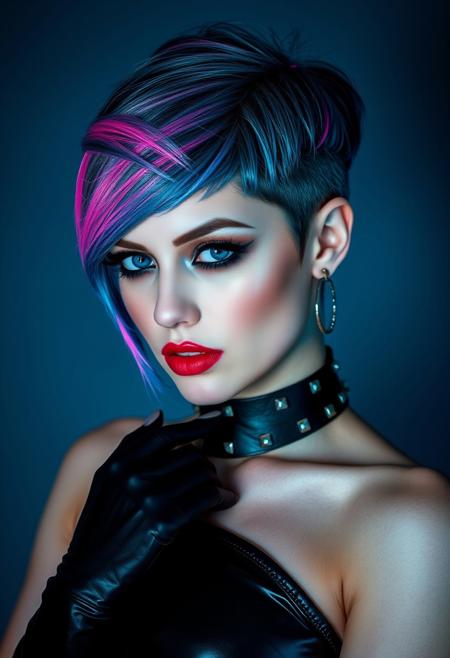 A captivating portrait of a 25-year-old Caucasian woman, exuding confidence and a dangerous allure. Her striking, asymmetrical pixie cut, featuring a longer, side-swept fringe, is highlighted with bold streaks of neon pink and electric blue, styled in a sleek, modern manner. Her makeup is dark and sultry, with smudged black eyeliner, a smoky eye, and a deep, matte red lip. She’s dressed in a form-fitting, black latex dress, accented by a studded leather choker and long, black leather gloves. The image, captured by a skilled photographer, is enhanced with dramatic lighting and sensual filters to highlight her youthful beauty and rebellious spirit.
