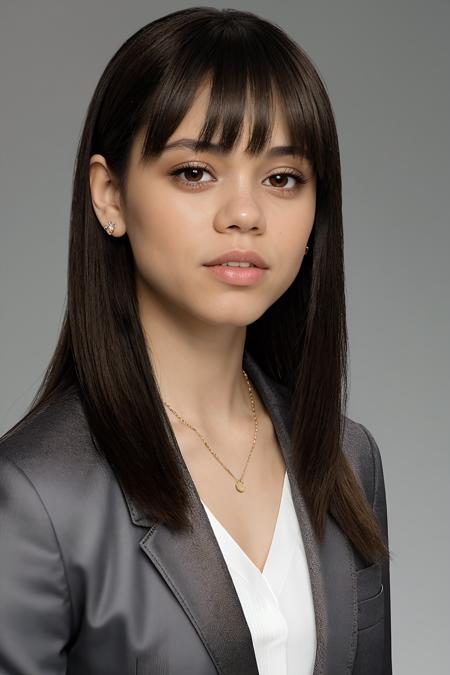 jenna orterga, jenna_ortega_v4 wearing pants suit, skinny, bangs, long hair,
gray pants suit, 
head shot, close up, upper body, simple solid background, mid-twenty, age:21, 21 year old, portrait, 
<lora:Jenna_Ortega_V2:0.7>,