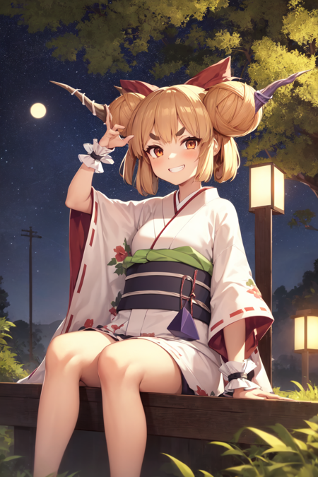 1girl, solo,  ibuki suika, horns, double bun, thick eyebrows, wrist cuffs, kimono, sitting, looking at viewer, grin, outdoors, night <lora:suika-000016:1>