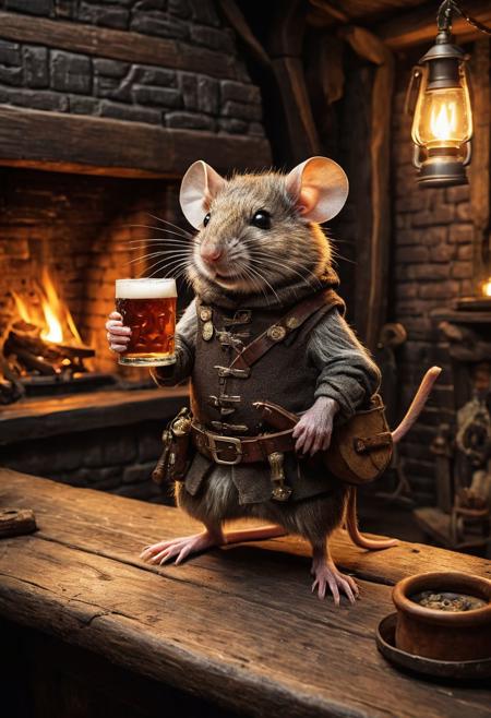 fantasy anthropomorphic a field-mouse warrior in dark tavern holding a pint of ale in a cozy environment with gas lamps rustic wood warm brick fireplace and frosted glass windows