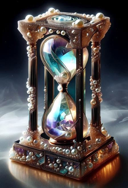 best quality, masterpiece, high resolution, intricate detailed,
beautiful photo of a Pearlum hourglass sculpture made of fluorite mineral, flu0rite, iridescent, 
RetroBG, art deco, 
translucent gems, pearls, 
background fantasy space scenery,
rays of light, natural light, cinematic lighting,
