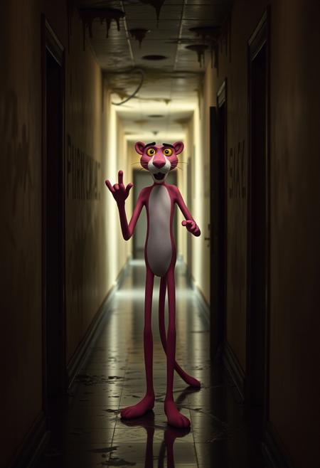 score_9, score_8_up, score_7_up, score_6_up, depth of field, highly detailed, BREAK Pink Panther, skinny, bubble butt, eyebrows raized
BREAK in a long hallway stands the Pink Panther, Pink Panther twerking in a doorway, menacingly, Pink Panther is twerking towards the viewer, the building is dilapidated with water damage, water is dripping from the ceiling and running down the walls, it is dark, low lighting, mold is growing on the walls, this building has been abandoned and condemned,
 night,  doorway,,low key,dramatic lighting, film grain,
