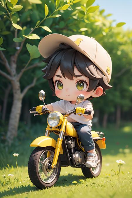 (chibi),((best quality)),((masterpiece)),(detailed),(full body:1.1),1boy in yellow,chibi,riding a yellow motor,Wearing a hat,sports shoes,Warm and cozy,Cute,3D,studio lighting,minimal,Depth of field,dribbble,Behance,There are flowers on the green grass,scenery,<lora:GoodHands-vanilla:1>,