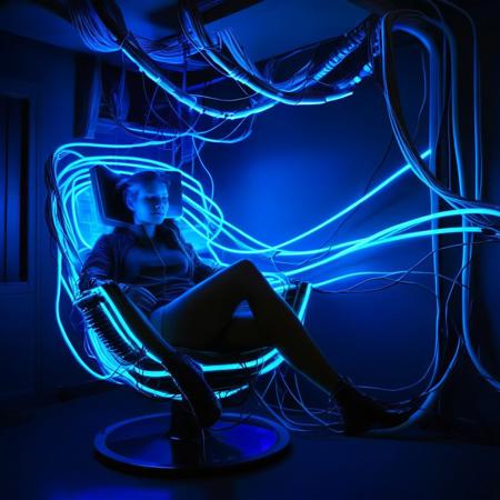 7-jackedin, girl, lounging in a chair, cables coming from head, sci fi, cyberpunk, realistic, glowing fiber optic cables, futuristic office, LEDs, neon lights