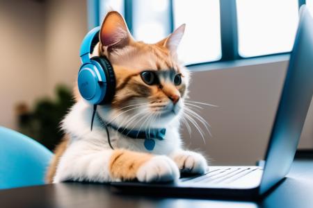 a cute cat with headphones working on a laptop in a startup environment