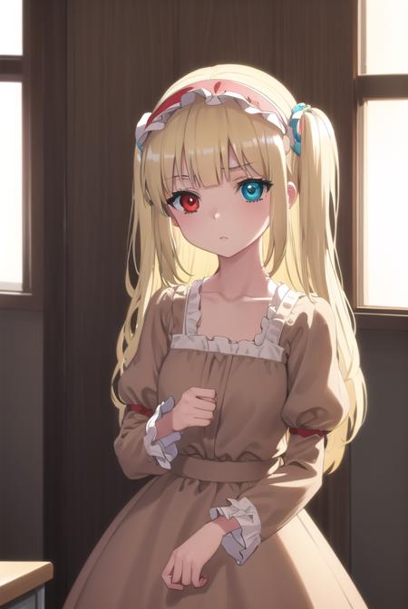 kobatohasegawa, <lora:kobato hasegawa s2-lora-nochekaiser:1>,
kobato hasegawa, long hair, blonde hair, (red eyes:1.3), blue eyes, (heterochromia:1.5), two side up,
BREAK dress, hairband, frills, long sleeves, puffy sleeves, juliet sleeves, (brown dress:1.3),
BREAK indoors, classroom,
BREAK looking at viewer, (cowboy shot:1.5),
BREAK <lyco:GoodHands-beta2:1>, (masterpiece:1.2), best quality, high resolution, unity 8k wallpaper, (illustration:0.8), (beautiful detailed eyes:1.6), extremely detailed face, perfect lighting, extremely detailed CG, (perfect hands, perfect anatomy),