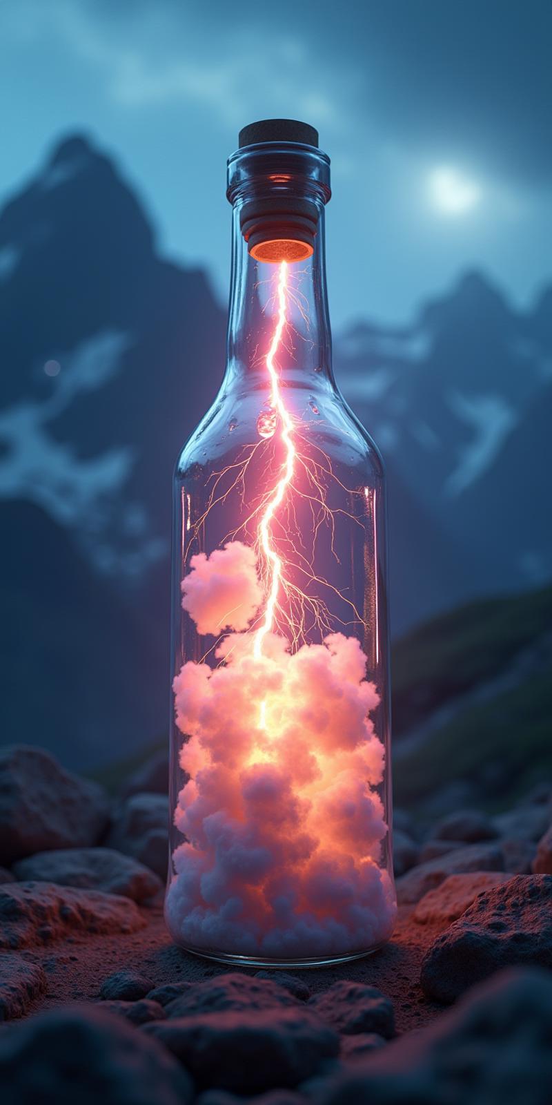 ultra realistic HDR (lightning strike inside a bottle:1.1) filled with magical clouds. translucent glass, majestic detailed mountainous background behind the bottle, electric filled multicolored scene. reflections. RTX graphics, realistic 3d render. high detail, bright sun illuminating the scene. award winning digital composition.