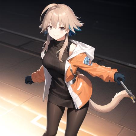 ((masterpiece)),(best quality),official art,extremely detailed CG,unity 8k wallpaper,ultra detailed,1girl,solo,cowboy shot,black_gloves,orange_footwear,tail,orange_jacket,ribbed_sweater,open_jacket,smile,black_pantyhose,black_sweater,sidelocks,sneakers,boots,bangs,brown_eyes,breasts,grey_eyes,long_sleeves,looking_at_viewer,ahoge,turtleneck_sweater,short_hair_with_long_locks,<lora:Mayer(ark)>,