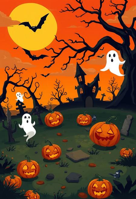 halloween theme, spooky graveyard with pumpkin ghosts creatures and orange sky, higlights are brown 
and black colors, cartoon style, mobile wallpaper, hyper realistic, ultra detailed