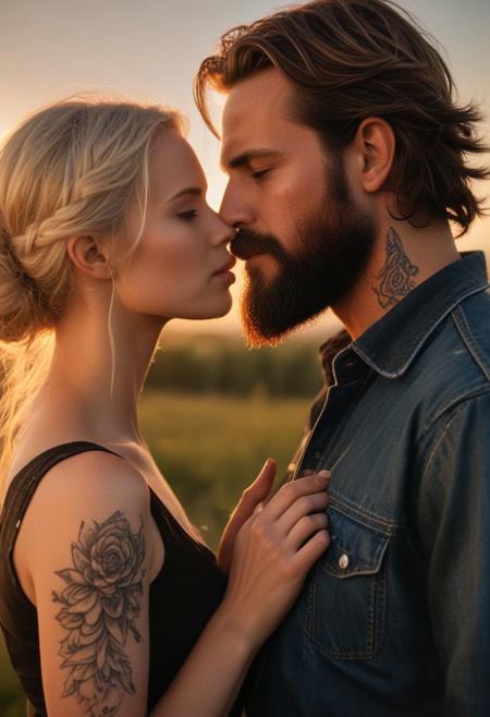 Height-difference high-quality, photorealistic vivid backlit erotic sensual sexy suggestive close-up from side couple's imminent kiss lustful image intense titillating action-photo of a grungy rugged-man burly big bearded lumberjack giant-man tattooed-man masculine swarthy 40yo dark-haired-man handsome-biker & a 28yo fresh-faced stunning-blonde-woman Amish-woman Mennonite-Woman pioneer-woman with a big-height-difference in an intimate embrace against a sunset backdrop in a rural, pastoral setting. The tall-man is muscular, wearing a black leather jacket, jeans & has bulging-muscles. His massive muscular arms hold the short-woman, who wears a blue collarless 3/4 sleeve high-necked solid-color Amish-dress floor-length blowing in breeze. The fair-skinned small-busted petite-woman has blonde-hair in an updo with an Amish cap head-covering Kapp, & they are looking passionately at each other eye-contact. The background features a prairie field as the sun sets. The overall mood of the image is romantic & passionate, capturing the intensity of their connection in a serene, country setting. detailxl, freckles, luminous, ethereal, looking at another, Style-Cuddles, 
JuggernautNegative, Style-Interact, 
Detailed clothing textures. perfect limbs & hands.
natural skin texture & pores. RAW photo, (high detailed skin:1), 8k uhd, dslr, soft lighting, high quality, film grain, epic composition, Fujifilm XT3, Canon R5