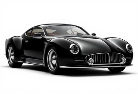 retro-futuristic 4-door coupe, sleek black body, streamlined design with subtle curves, reduced bubble effect, large rounded headlights with integrated LED rings, bold fenders, refined chrome grille with vertical slats, aerodynamic roofline, low and wide stance, smooth doors seamlessly integrated, deep glossy black finish, chrome accents around windows and lights, sculpted rear with modern rounded taillights, jet-age-inspired design, futuristic yet classic, elegant and refined, four-door layout, sophisticated coupe silhouette, ultra-realistic textures, high-resolution, timeless design combining classic elegance with futuristic elements, subtle chrome highlights, powerful yet sleek appearance, (excessive curves:-1.5), (boxy design:-1.6), (supercar influence:-1.6), (flat shapes:-1.6), (over-the-top luxury cues:-1.5)