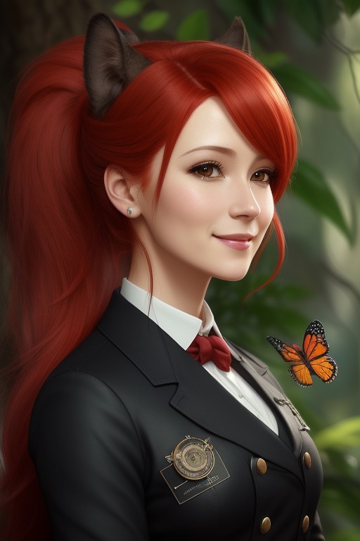 Character portrait of cute smiling red hair woman wearing doctor uniform, big dark melancholic eyes, an squirrel sitting  ...