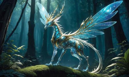 a gigantic creature, crafted from a blend of iridescent glass and tree. Its body is sleek and smooth, shimmering in the light as if made of liquid silver. limbs are slender and graceful ending in pointed tips,  fragile,ethereal appearance,strength and resilience, carved from the very essence of the earth itself. eyes are large and expressive, glowing with a soft blue light ,From its back sprouts a pair of translucent wings, their edges glinting with tiny flecks of gold and green. nature, sky, jagged, chiseled,