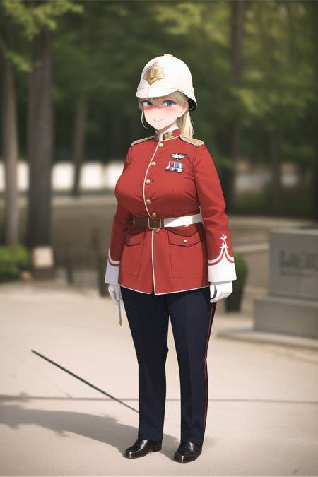 masterpiece, best quality, absurdres, high resolution, extremely detailed, 1girl, solo,  <lora:redcoatv2:0.75>,military_uniform, uniform, standing,military_uniform, military, uniform, red_jacket, black pith helmet,safari helmet,sun helmet,home service helmet,redcoat,military_uniform, victorianera,blonde long wavy hair,  blue eyes,  smug,  full-face blush, large breasts,  wide hips, narrow waist,  <lora:shi2:1>, saber,