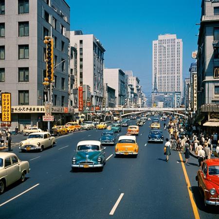 UHD, 4k, ultra detailed, cinematic, a photograph of  <lora:kodachrome xl v1:0.9>
In 1950's a cinematic Kodachrome Technicolor motion picture of a busy city street with a bridge over it, perfect image, perfect body, perfect anatomy, sharp image, detailed image, Kodak film style, high quality photography, Kodachrome style, Technicolor style, 1950's style, Technicolor Monopack style, 16mm, 8mm, Super 8 movie, 35mm movie style, film color style, cinematic photography style, analog photography style, cinematic film color style, deep color style, different character, different background, different picture, Eastman Kodak style, K-14 process style, Color slide style, film skin tone style, different color, outdoors, building, scenery, motor vehicle, city, sign, car, road, cityscape, vehicle focus, lamppost, street, road sign, traffic light, truck, real world location, tokyo (city), 6+girls, ground vehicle, police, crosswalk, day, epic, beautiful lighting, inpsiring