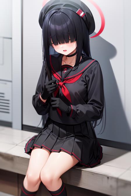 masterpiece, best_quality, 1girl, solo, justice committee club member \(blue archive\), blue archive, black hair, blunt bangs, black choker, black gloves, black headwear, black serafuku, black shirt, black skirt, black socks, hair over eyes,