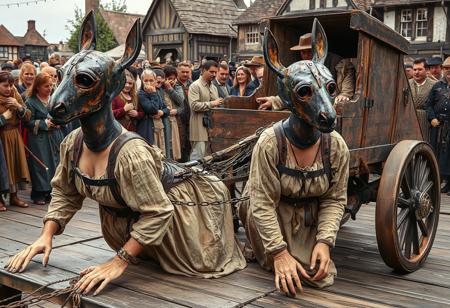 realistic colour photograph, overall wide-angle full height standing view from a distance of 20 metres, four women captives with very long necks are crawling on hands and feet and are harnessed into the traces of  a wooden cart which they are pulling, (they are wearing polished steel casings around their torsos and shoulders, the casings are chained to the traces of the wooden cart:1.8) , they are wearing medieval close-fitting full face rusty iron bridles in the form of female heads with iron animal ears, there are many cut outs and ornately decorative slits and slots in the bridles, the bridles are closed in over their faces and mouths and eyes, they fit closely to their heads and necks like a second skin and fully enclosing head and face and neck, the head bridles have two projecting tubular eyeholes and the iron neck casing are very tall and there are iron drinking tubes coming from the iron panels covering their mouths and iron funnels emanating from their ears, the bridles are fastened with padlocks at the back of their  heads, (they are wearing ragged medieval dresses, an unruly crowd is laughing at them,  on a wooden platform at a Renfaire in a mock medieval town square, (a pretentious lord is sitting in the cart and is wielding a whip at them:1.6)