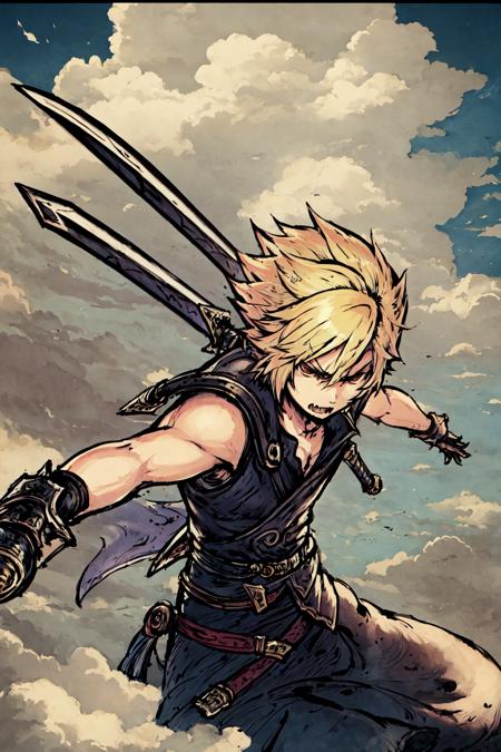 artbytokiame, (masterpiece, best quality), 1boy, blonde hair, large sword, angry, dynamic pose, attacking, detailed background, looking at viewer, short hair, solo, ((cloud from final fantasy)), ink painting