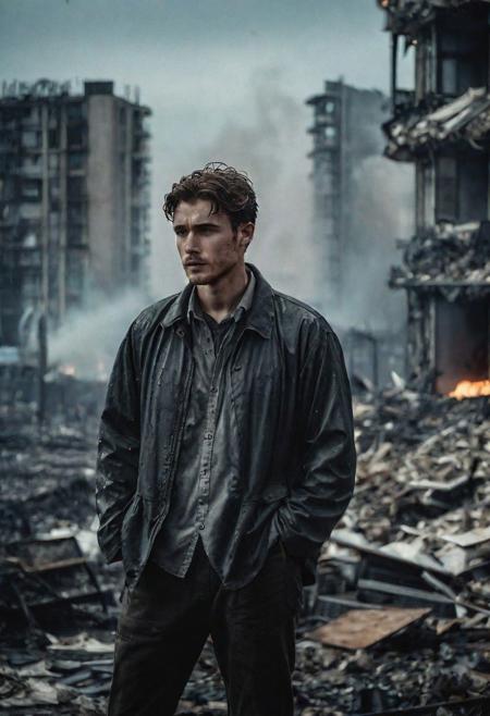 Photo of a man who is standing looking at how his city has been destroyed by a nuclear bomb. He has just arrived at the disaster and observes the horror of the destruction, ruined buildings full of smoke and flames, ground full of rubble with skeletons lying around In the dawn light floods the scene, the man is completely dressed in normal clothes and wet, he is dirty, everything is a disaster, the sky is cloudy and it is raining, , Fujifilm XT3,film still,film grain,cinematic,soldier accessories,war style, professional photo,best quality and best aesthetic,Award-winning artistic photos,Outdoors,public places,( detailed in background:1.6)Curi